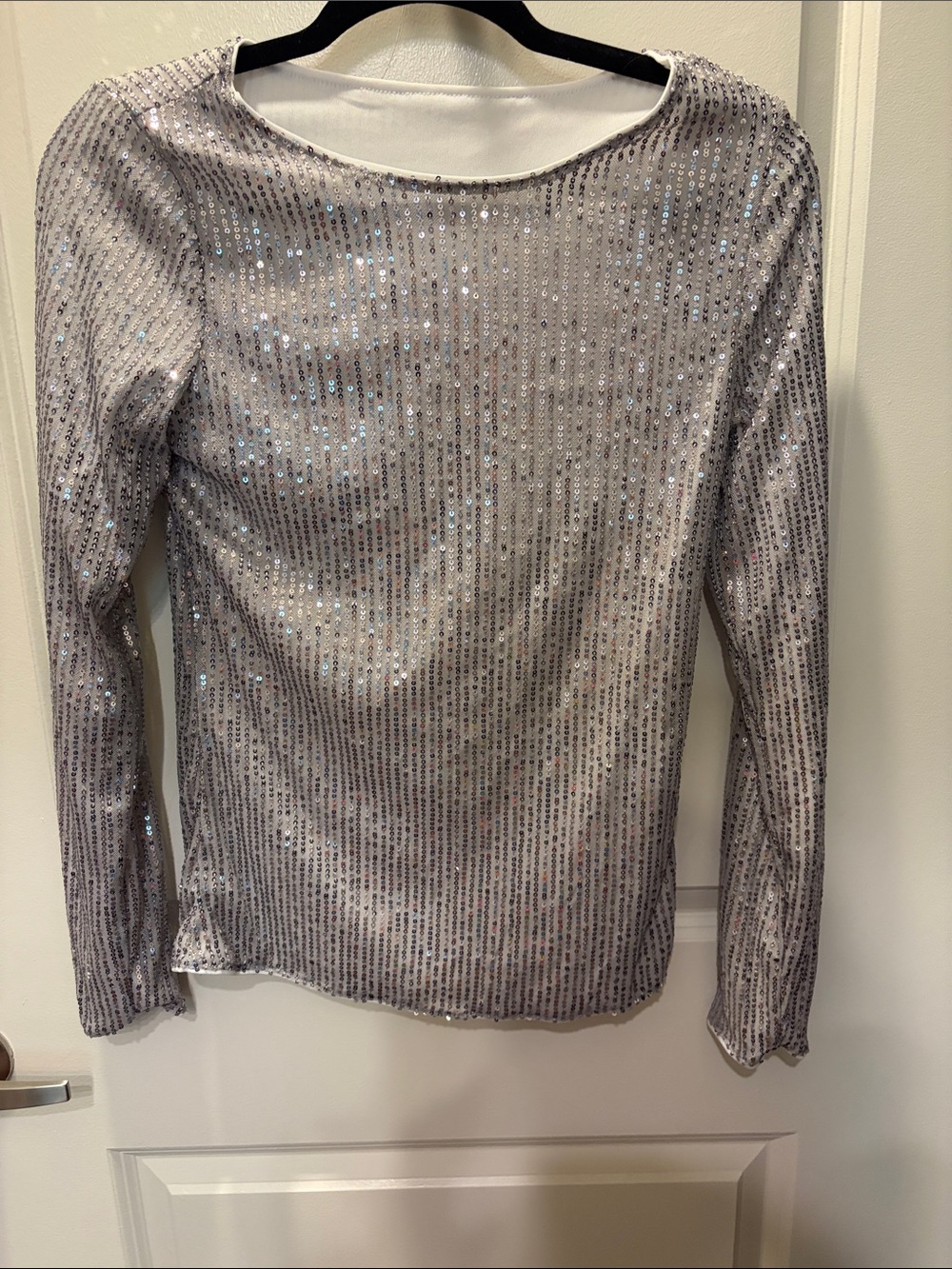 Sequin Long-Sleeve Crewneck Top in Silver